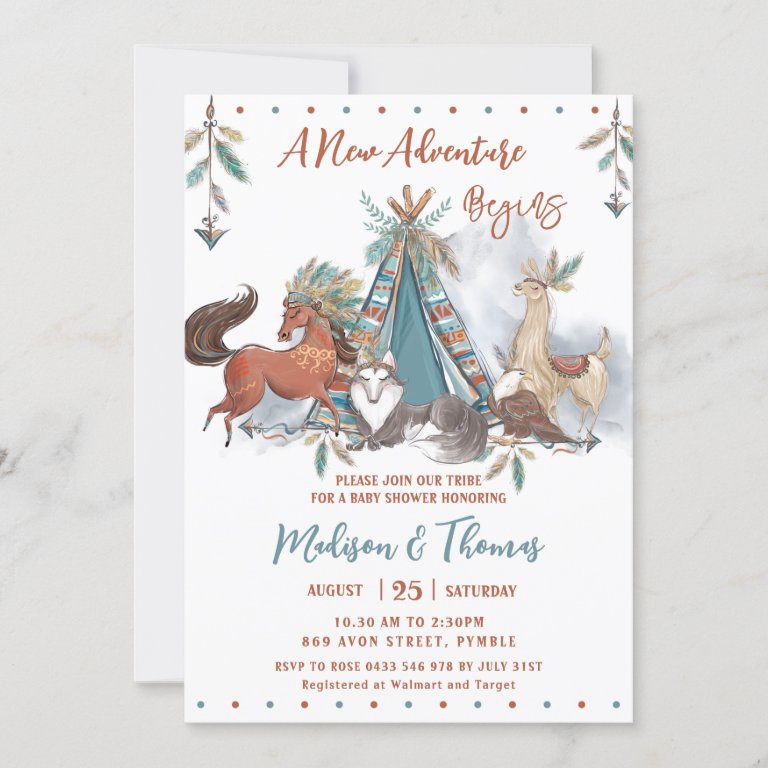 Tribal Woodland Animals Teepee Boy Baby Shower Invitation