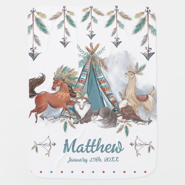 Tribal Woodland Animals Teepee Feathers Arrows Baby Blanket (Front)