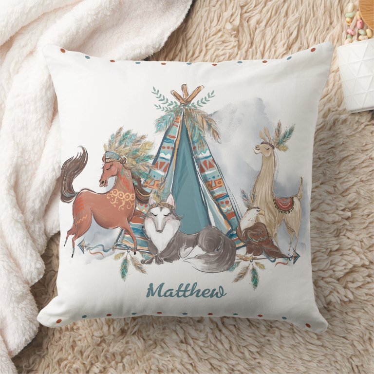 Tribal Woodland Animals Teepee Feathers Arrows Throw Pillow