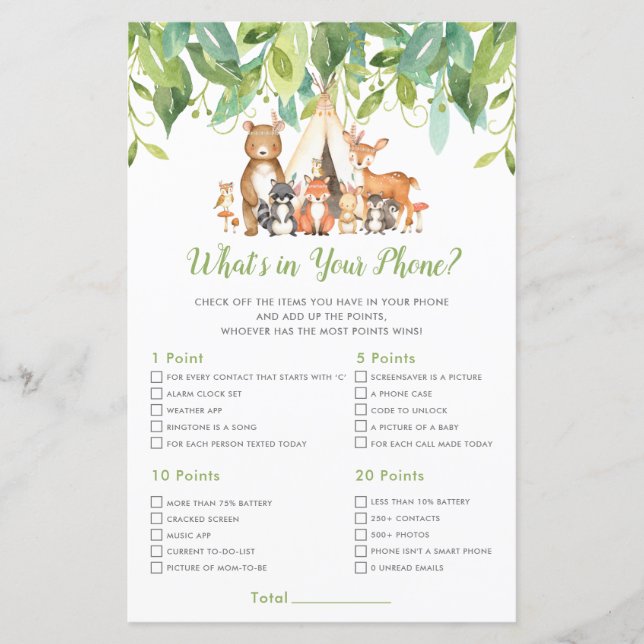 Tribal Woodland Animals What's In Your Phone Game (Front)