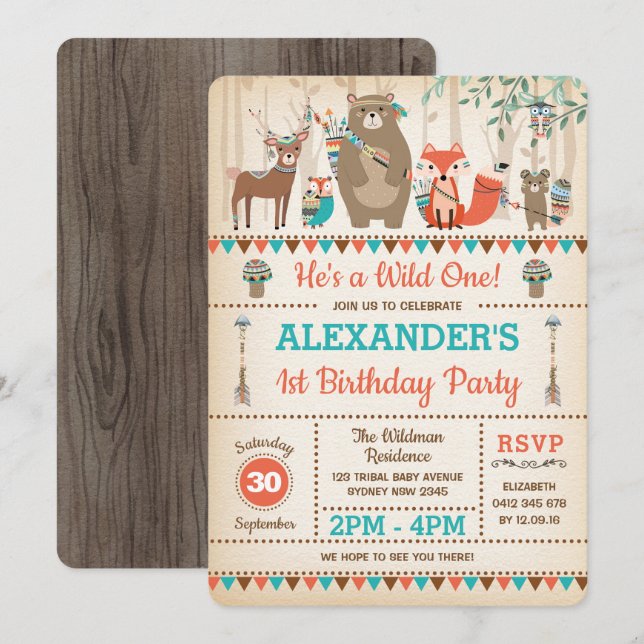 Tribal Woodland Animals Wild One 1st Birthday Invitation (Front/Back)