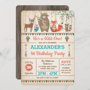 Tribal Woodland Animals Wild One 1st Birthday Invitation