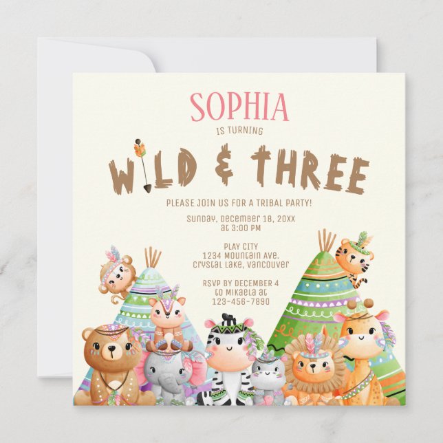 Tribal Woodland Animals Wild Three 3rd Birthday Invitation (Front)