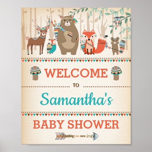 Tribal Woodland Baby Animals Wild One Welcome Poster