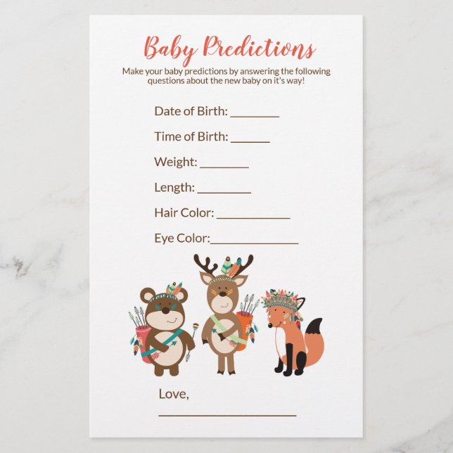 Tribal Woodland Baby Shower Predictions Game (Front)