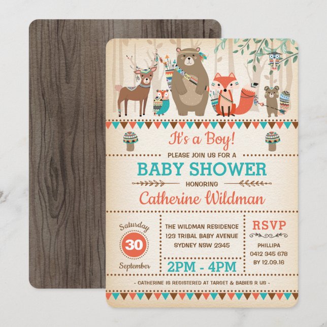 Tribal Woodland Baby Shower Rustic Forest Animals Invitation (Front/Back)