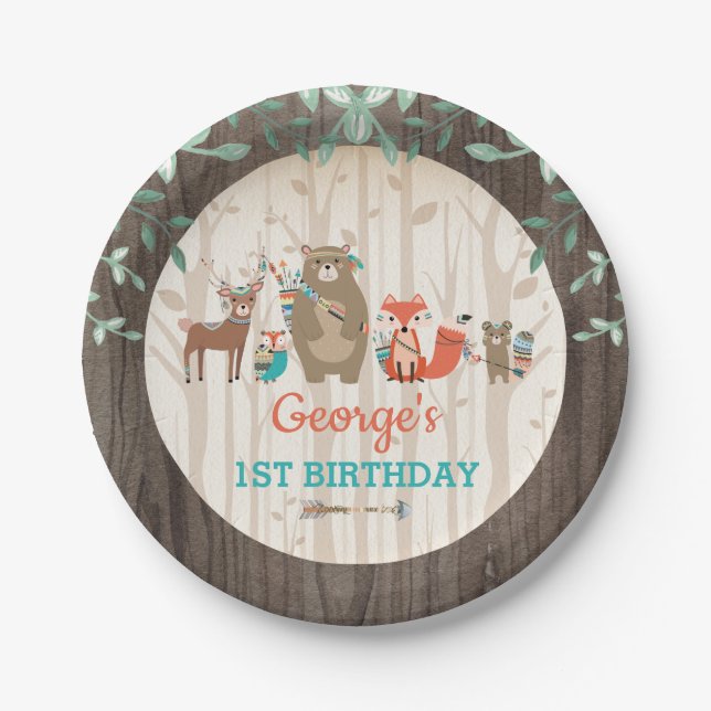 Tribal Woodland Birthday Forest Animal Baby Shower Paper Plates (Front)