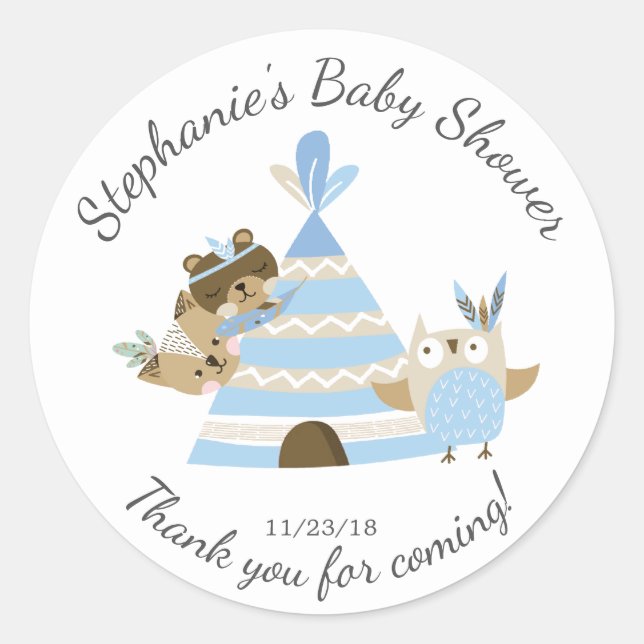 Tribal Woodland Boys Baby Shower Favor Sticker (Front)