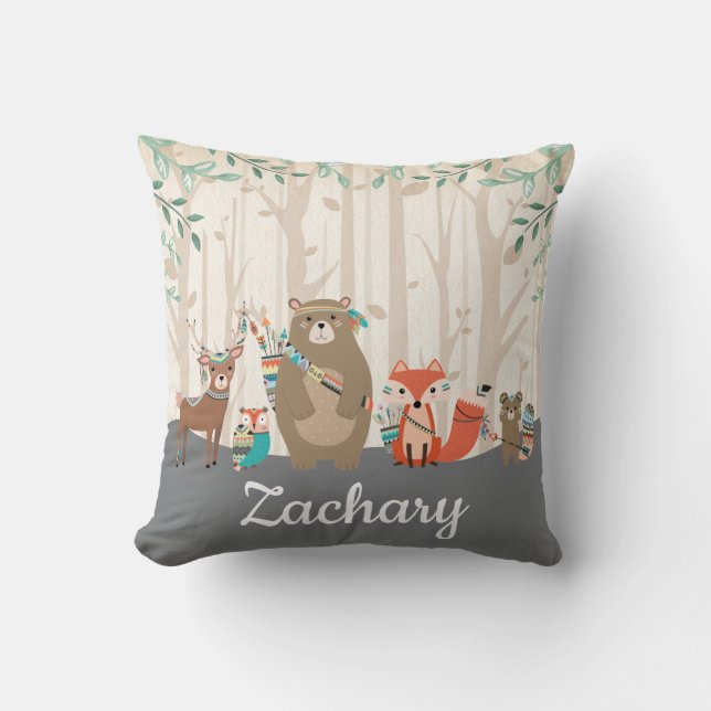 Tribal Woodland Forest Animals Boy Nursery Room Throw Pillow (Front)