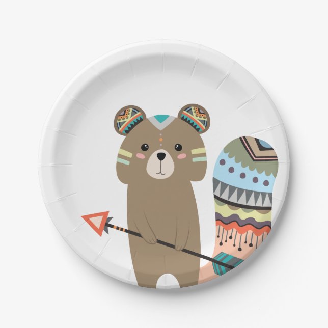 Tribal Woodland Forest Birthday Boho Baby Squirrel Paper Plates (Front)