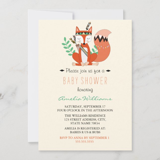 Tribal Woodland Fox Baby Shower Invitation (Front)