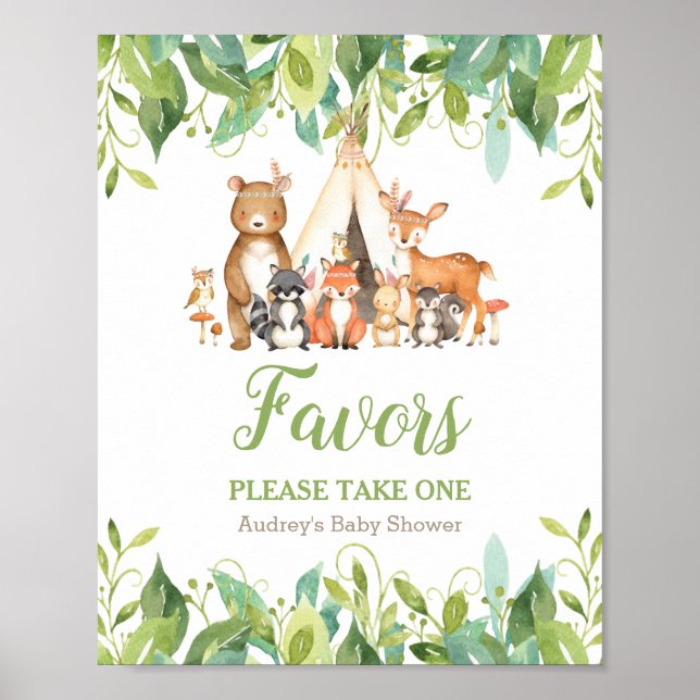 Tribal Woodland Greenery Baby Shower Favors Sign (Front)