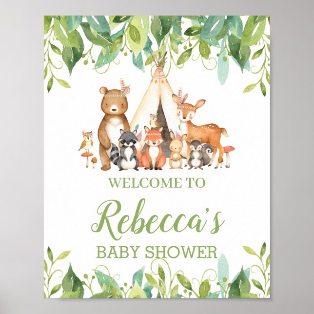Tribal Woodland Greenery Baby Shower Welcome Sign (Front)