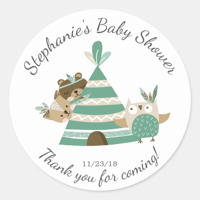 Tribal Woodland Neutral  Baby Shower Favor Sticker (Front)