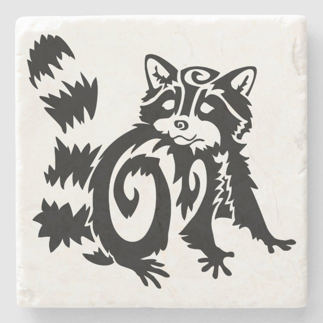 Tribal Woodland Raccoon Design Stone Coaster (Front)