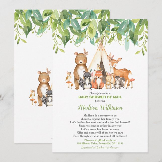 Tribal Woodland Virtual Baby Shower Mail Greenery Invitation (Front/Back)
