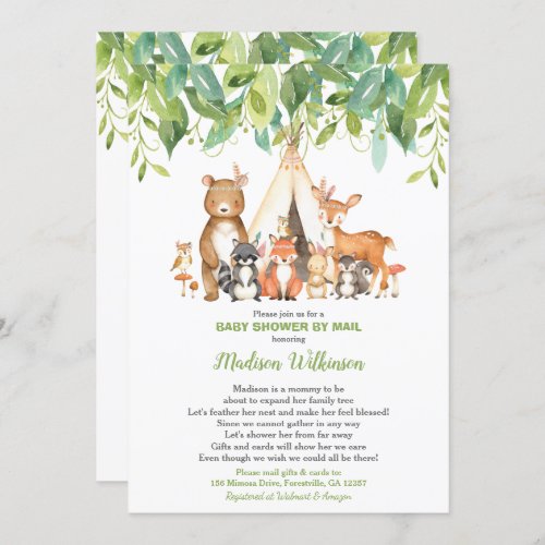 Tribal Woodland Virtual Baby Shower Mail Greenery Invitation