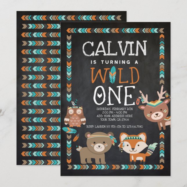 Tribal Woodland, Wild One, 1st Birthday Invitation (Front/Back)