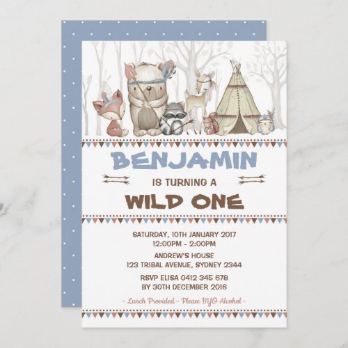 Tribal Woodland WILD ONE 1st Birthday Party Animal Invitation