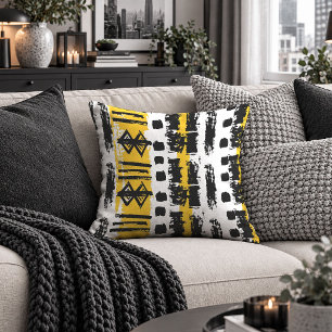 Tribal Yellow Black African Motifs Throw Pillow Ar