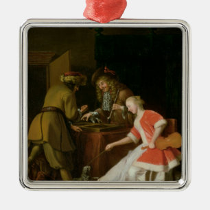 Tric-trac Players with a Lady and Her Dog Metal Ornament
