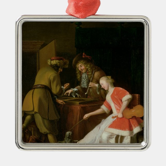 Tric-trac Players with a Lady and Her Dog Metal Ornament (Front)