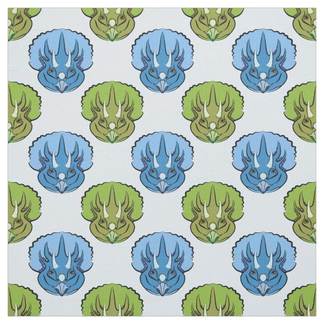 Triceratops Blue and Green Cute Dinosaur Pattern Fabric (Swatch)