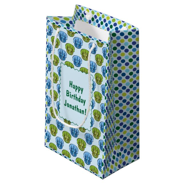 Triceratops Blue and Green Cute Dinosaur Pattern Small Gift Bag (Front Angled)
