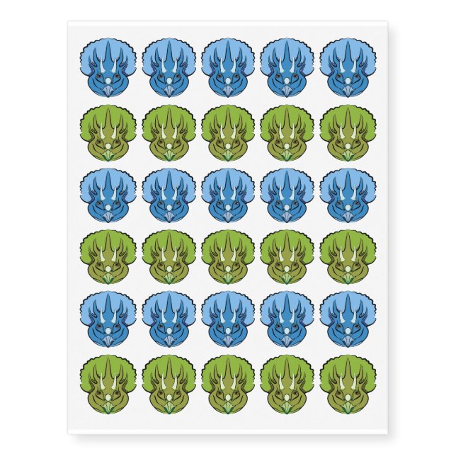 Triceratops Blue and Green Cute Dinosaur Temporary Tattoos (Front)