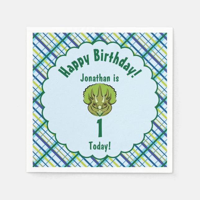 Triceratops Blue and Green Dinosaur Personalized Paper Napkins (Front)