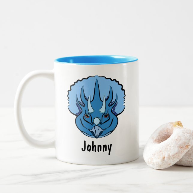 Triceratops Blue Cute Dinosaur Personalized Two-Tone Coffee Mug (With Donut)
