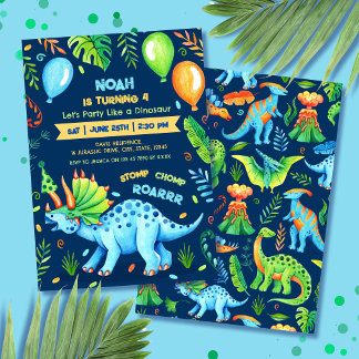 Triceratops Boy Dinosaur Birthday Party Blue Invitation