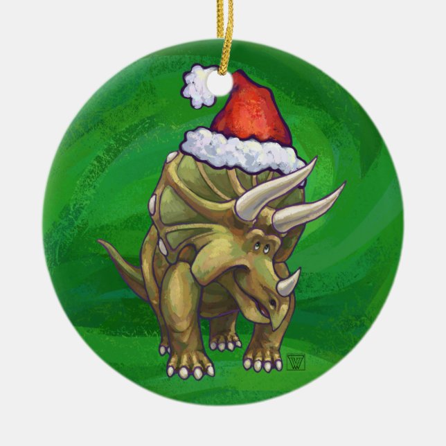 Triceratops Christmas Green Ceramic Ornament (Front)