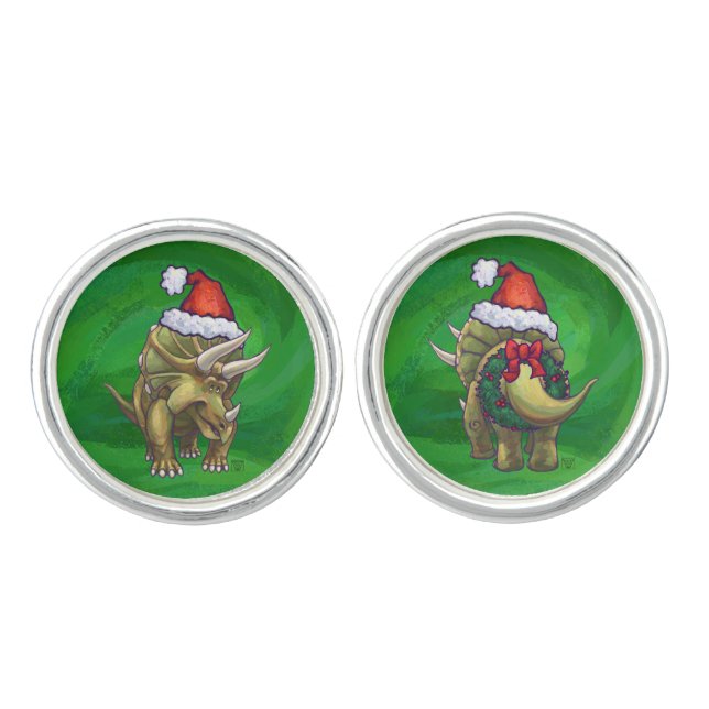 Triceratops Christmas Green Cufflinks (Front)