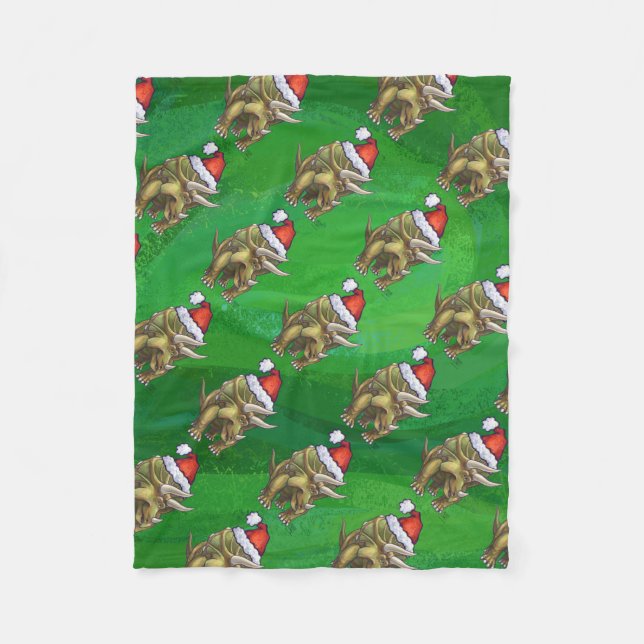 Triceratops Christmas Green Fleece Blanket (Front)