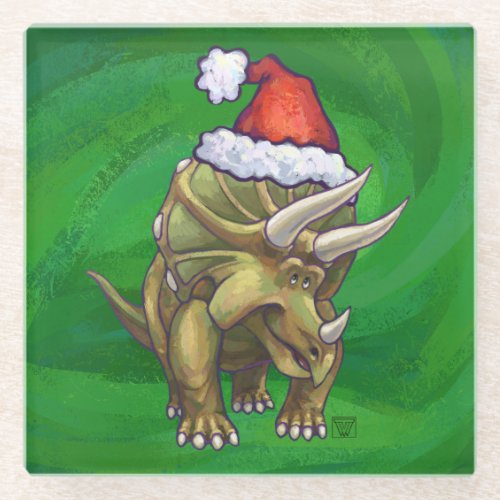 Triceratops Christmas Green Glass Coaster