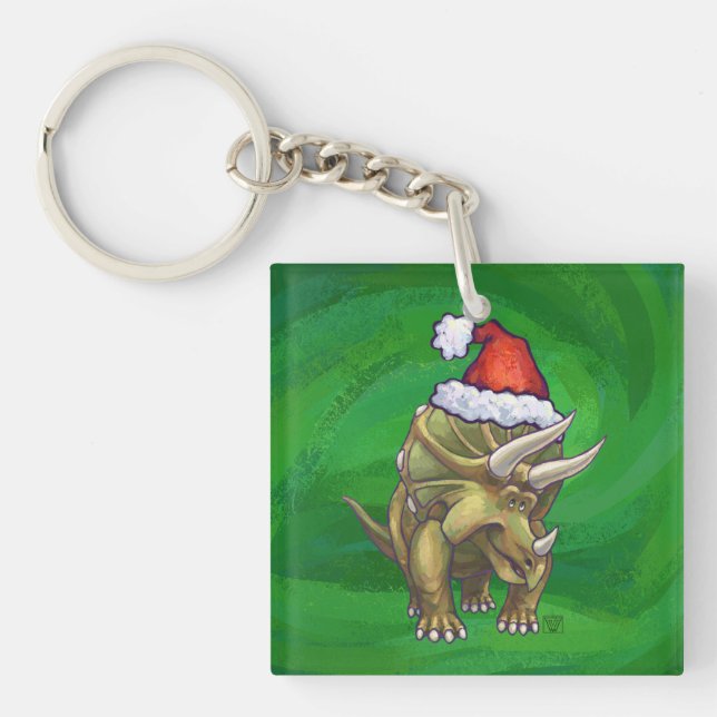 Triceratops Christmas Green Keychain (Front)