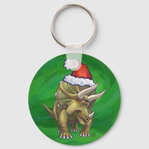 Triceratops Christmas Green Keychain