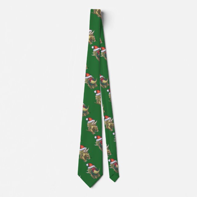 Triceratops Christmas Green Neck Tie (Front)