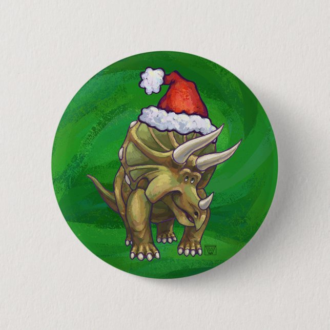 Triceratops Christmas Green Pinback Button (Front)