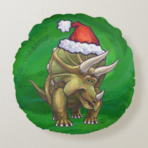 Triceratops Christmas Green Round Pillow