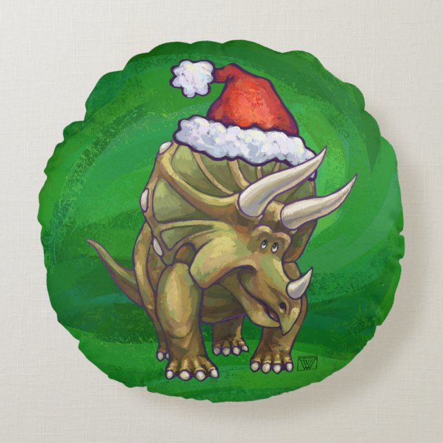 Triceratops Christmas Green Round Pillow (Front)