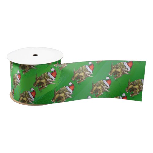 Triceratops Christmas Green Satin Ribbon