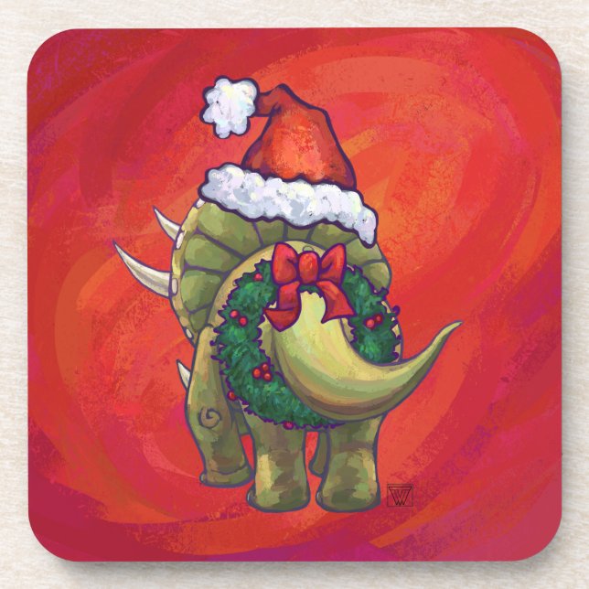 Triceratops Christmas On Red Beverage Coaster (Front)