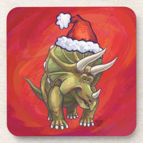 Triceratops Christmas On Red Beverage Coaster