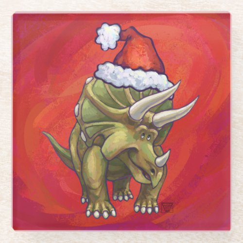Triceratops Christmas On Red Glass Coaster