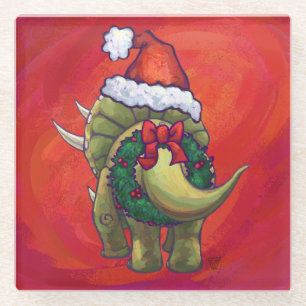 Triceratops Christmas On Red Glass Coaster