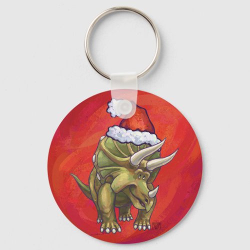 Triceratops Christmas On Red Keychain