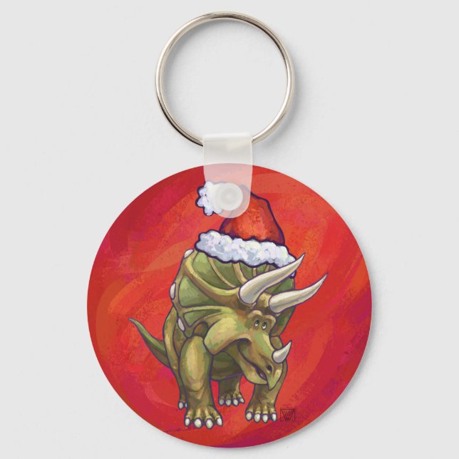 Triceratops Christmas On Red Keychain (Front)