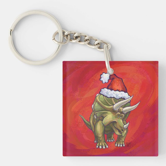 Triceratops Christmas On Red Keychain (Front)